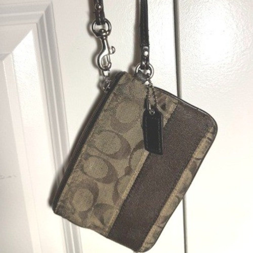 Coach Signature Khaki Brown Jacquard Wristlet Zip Pouch Wallet